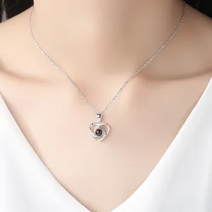 Elegant S925 silver heart shaped projection necklace with I Love You message