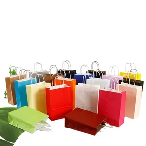 Selection of various colorful paper gift bags with rope handles for shopping and packaging