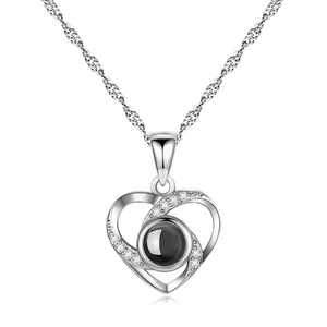 Elegant S925 silver heart necklace with I love you projection stone detail for women
