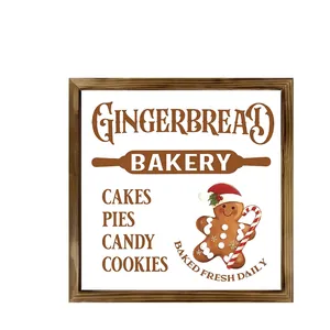 Detail view of 20x20cm Christmas gingerbread bakery themed wooden wall art plaque