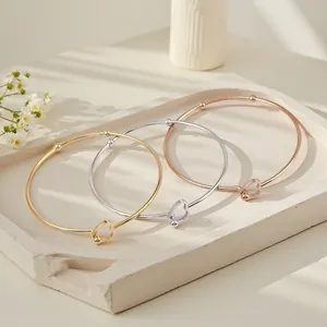 Minimalist Stainless Steel Heart Shaped Open Adjustable Bangle Elegant Geometric Hollow Out Heart Bracelet For Women Jewelry Gift