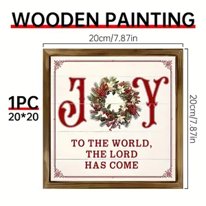 Wooden Christmas frame with Joy to the World wreath painting, 20x20cm wall art decor