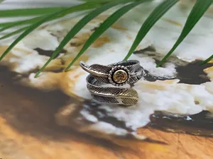 Detailed macro view of retro S925 silver feather ring with Kokopelli gold emblem