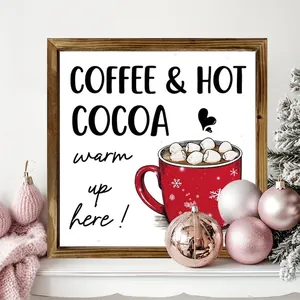 Close-up of wooden frame plaque featuring 'Coffee & Hot Cocoa' text and festive mug