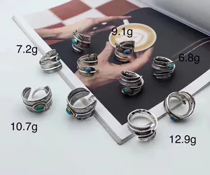 S925 silver feather rings with turquoise showing weight details on a magazine.
