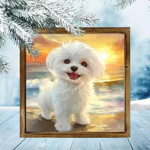 Square wooden photo frame ornament featuring a cute white puppy painting for Christmas