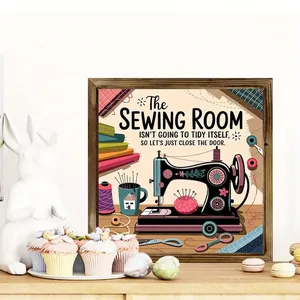 Vintage sewing room themed wooden frame decoration with funny English quotes