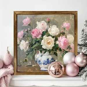 Classic wooden framed oil painting featuring pink roses in a porcelain vase for home decor
