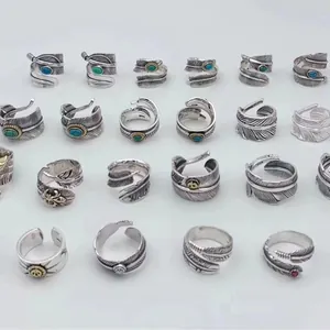 925 Sterling Silver Feather Open Ring Vintage Thai Silver Indian Eagle Adjustable Ring For Men Women Native American Jewelry