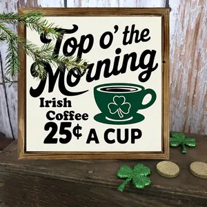 Detailed view of a vintage Irish Coffee wooden frame sign for St. Patrick's Day decoration.