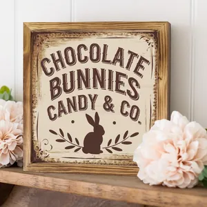Vintage wooden frame decor with Chocolate Bunnies Candy & Co sign for home display