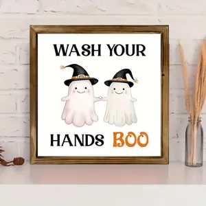 Halloween wooden framed ghost decorative plaque with Wash Your Hands Boo text for home