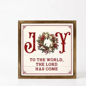 Christmas wooden frame wall plaque with Joy to the World message and holiday wreath decoration