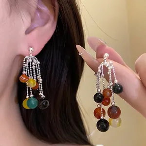 Orecchini a Nappa a Cascata Retro Francese Perline di Agata Multicolore Perle Artificiali Con Perno in Argento Per Donne Gioielli da Banchetto