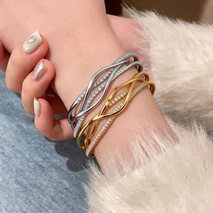 Multilayer Interwoven 18K Gold Plated Rhinestone Bangle For Women Elegant Light Luxury Geometric Copper Wave Bracelet Jewelry Gift