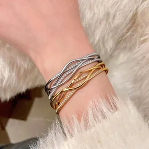 18k gold plated multi-layer wavy bracelet with sparkling rhinestones for women