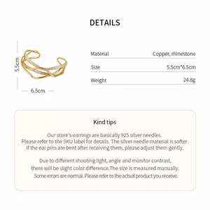 Detailed specs of the 18k gold plated multi-layer copper cuff bracelet with rhinestones.