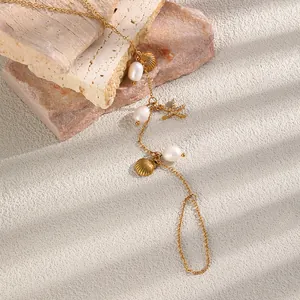 Elegantes vergoldetes Edelstahl-Fußkettchen mit Seestern, Perlen und Muschel-Charms