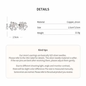 Produktdetails für glänzende Zirkon-Blumenohrringe mit Größen- und Materialangaben