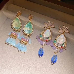 Vintage palace style zircon crystal teardrop tassel earrings featuring elegant beads