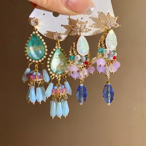 Vintage palace style teardrop earrings with zircon tassels and colorful crystals