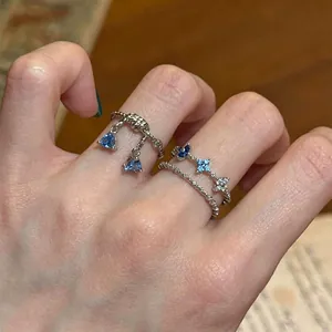 Light Luxury Blue Triangle Zirconia Ring Cold Sense Double Layer Adjustable Geometric Finger Jewelry For Women Daily Versatile Accessory