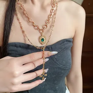 Vintage Gold Cross Sun Pendant Layered Necklace Green Rhinestone Palace Style Jewelry For Women Banquet Party Gift