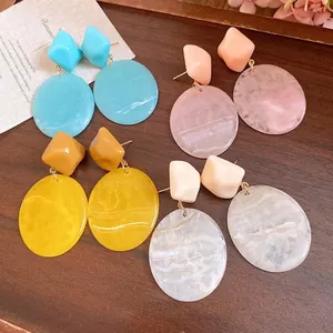 Vintage Resin Oval Pendant Drop Earrings With Silver Earring Post Maillard Style Geometric Marble Texture Women Jewelry