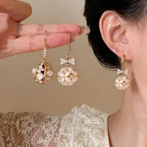 Gold Plated Cat's Eye Stone Water Drop Hook Earrings with Rhinestone Butterfly Bow Detail Jewelry for Women