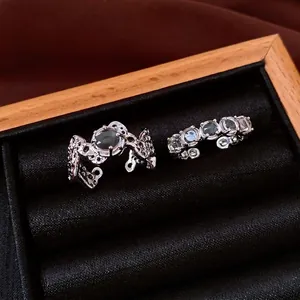 Bague Ouverte Géométrique Évidée en Cuivre Minimaliste pour Femme Argenté avec Strass Bijoux de Mode Réglables