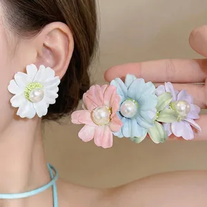 French Style Fabric Flower Stud Earrings With 925 Sterling Silver Earring Post Artificial Pearl Floral Earrings For Women Jewelry