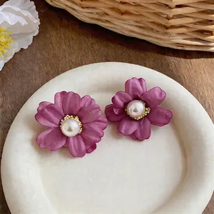 Elegant French style purple fabric flower stud earrings with pearl center for women