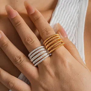Anillo Abierto Texturizado Multicapa Chapado en Oro 18K Estilo Europeo Ajustable de Cobre Minimalista Geométrico Joyería Mujer