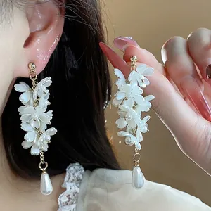 French Style Flower Tassel Artificial Pearl Stud Earrings With 925 Sterling Silver Earring Post Elegant Women Jewelry