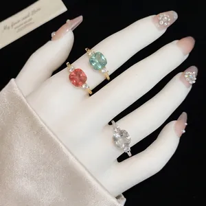 Elegant square zircon open rings for women in multiple colors with high-end finish.