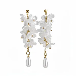 Elegant white flower tassel earrings with teardrop pearl pendants, French style jewelry