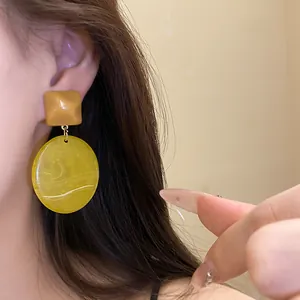 Retro resin square and round drop earrings with marbled yellow finish for women