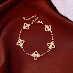 Vintage Vierblättriges Kleeblatt Blumen Armband Kupfer Gold Vergoldet Zirkonia Eingelegt Verstellbare Kette Damen Schmuck Geschenk