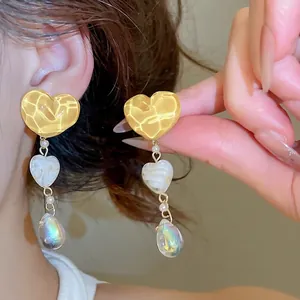 Vintage Resin Irregular Heart Tassel Drop Earrings For Women Luxury Marble Pattern Yellow Heart Dangle Earrings Silver Earring Post Jewelry