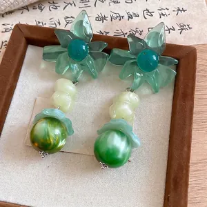 Elegant green floral drop earrings with marbled beads for summer seaside resort style