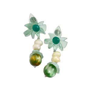 Fresh green flower dangle earrings with silver needles on a clean white background
