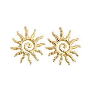 Elegant golden metallic hollow sun stud earrings with a spiral design on white background