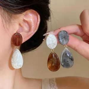 Vintage Maillard Style Resin Drop Earrings With 925 Sterling Silver Post Retro Marble Pattern Waterdrop Earrings For Women Fashion Jewelry