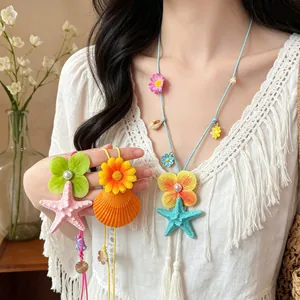 Boho Beach Vacation Seashell Starfish Flower Μενταγιόν Κολιέ Drip Oil Resin Charms Πολύχρωμο Κερί Κορδόνι Κολιέ για Γυναικεία Κοσμήματα