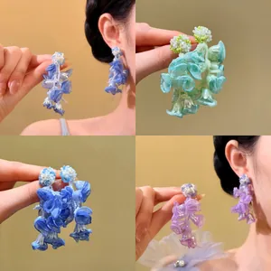 Sweet Chiffon Flower Tassel Stud Earrings With Silver Earring Post Artificial Pearl Floral Earrings For Women Vacation Jewelry