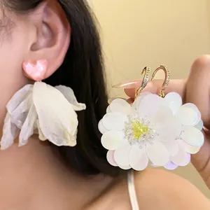 Bohemian Fabric Flower Tassel Drop Earrings For Women Heart Stud Gold Plated Rhinestone Beach Vacation Style Jewelry