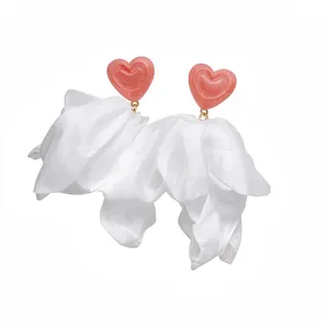 Elegant pink heart stud earrings with white fabric petal flower tassels for women