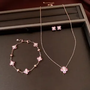 Vintage Zirconia Flower Jewelry Set Copper Inlaid Pink Zirconia Clover Pendant Necklace Bracelet Stud Earrings For Women