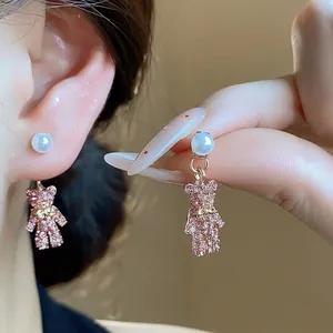 Luxus Legierung Rosa Strass Bär Perle Ohrstecker Mit 925 Sterlingsilber Ohrstecker-Stift Roségold Plattiert Mode Schmuck Für Damen