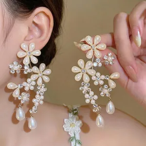 French Palace Style Botanical Flower Artificial Pearl Stud Earrings With 925 Sterling Silver Earring Post Rhinestone Water Drop Earrings For Women